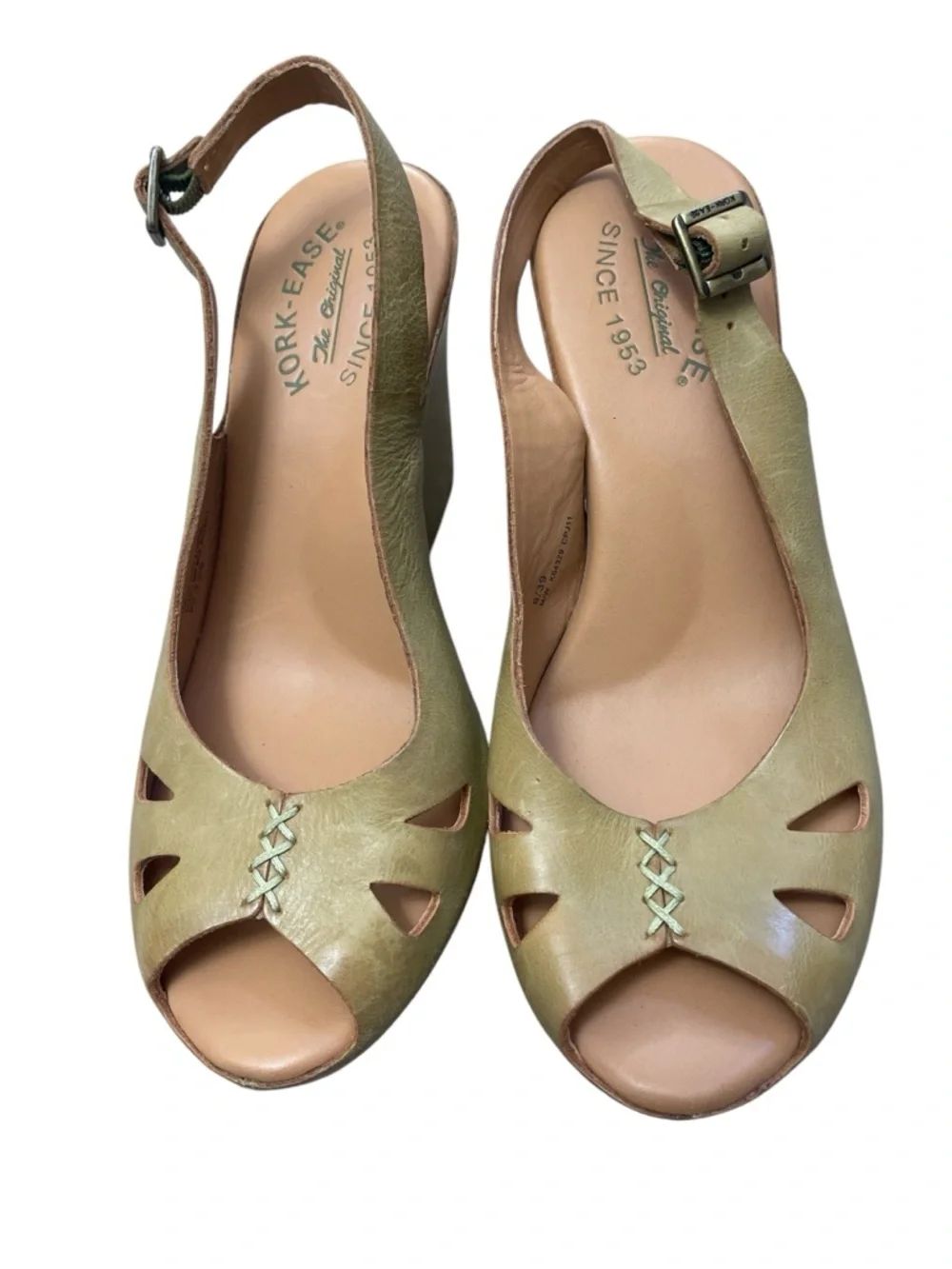 Retro 70s Kork-Ease Leather Peep-Toe Platform Wedge Slingbacks Festival Boho - Picture 2 of 6